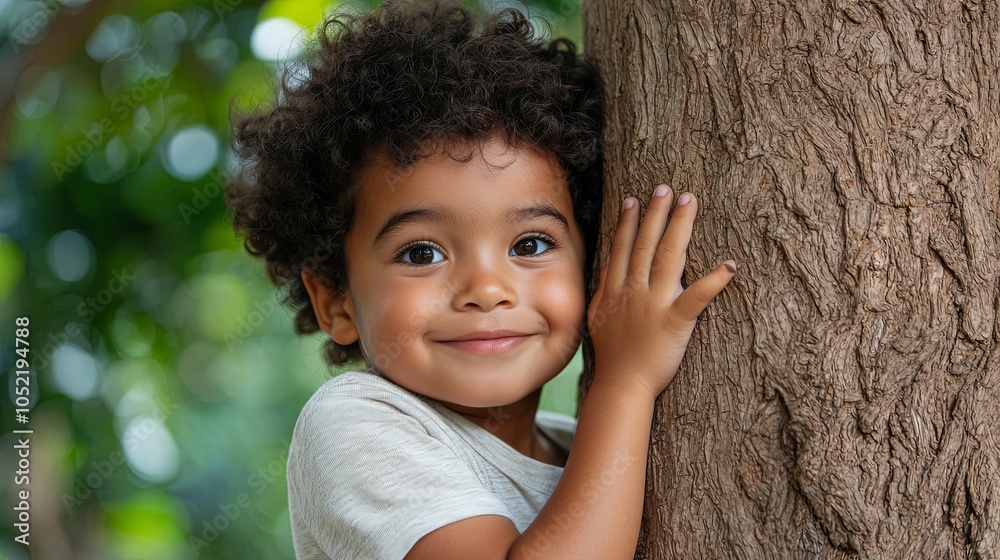Child Playing Hide and Seek Behind Large Tree Child Playing Hide and Seek Behind Large Tree