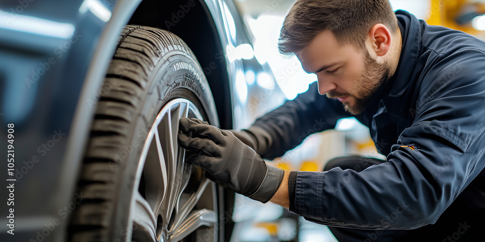 Closeup mechanic holding new tire at store warehouse garage. Replacement of winter and summer tyres. Closeup mechanic holding new tire at store warehouse garage. Replacement of winter and summer tyres.