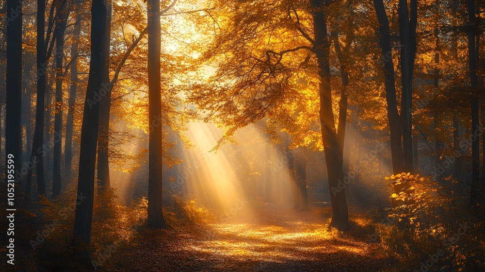 Obraz premium Warm autumn morning with golden light shining through the trees