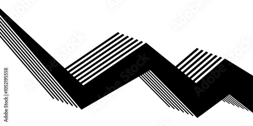 Black on white abstract perspective zigzag line stripes with 3d dimensional effect isolated on white.