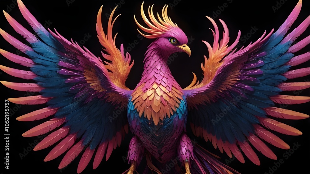 Obraz premium extravagant glowing phoenix with neon feathers against dark background suited for art collections