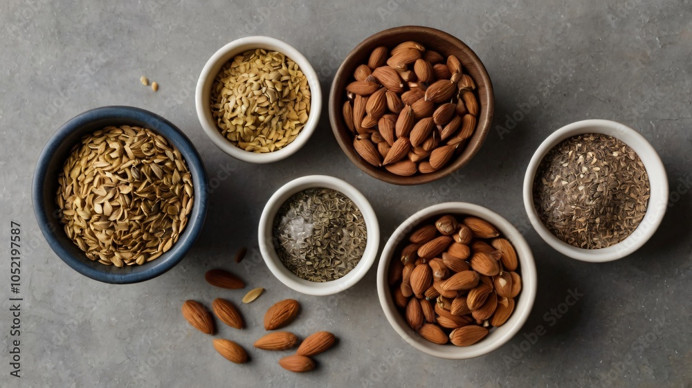 Assorted nuts and spices arranged in small bowls on a gray countertop, showcasing diverse culinary ingredients for healthy cooking Assorted nuts and spices arranged in small bowls on a gray countertop, showcasing diverse culinary ingredients for healthy cooking