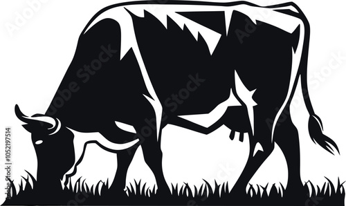 A black and white silhouette of a cow eating Grass