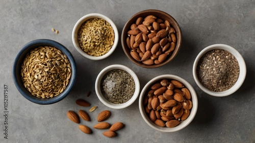 Assorted nuts and spices arranged in small bowls on a gray countertop, showcasing diverse culinary ingredients for healthy cooking