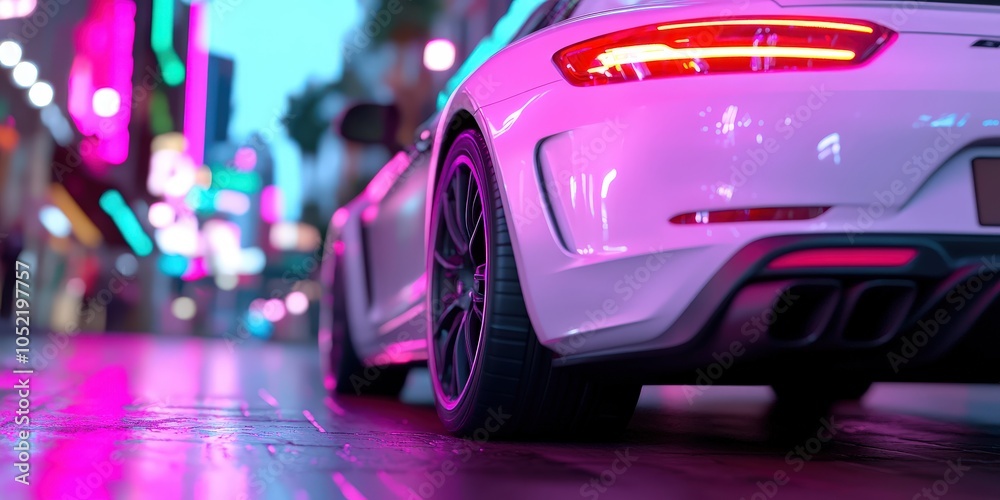 White Sports Car Drifting in Neon City Lights Nighttime Photography White Sports Car Drifting in Neon City Lights Nighttime Photography