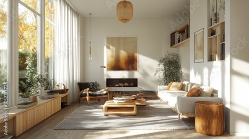 A warm living room filled with natural light, featuring neutral tones, wooden furniture, and large windows for scenic outdoor views.