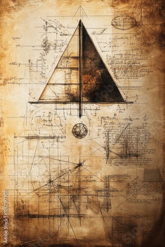 Intricate sketches of a triangular structure surrounded by geometric designs on aged parchment during the Renaissance era