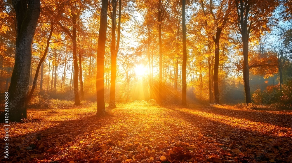 Fototapeta premium Scenic autumn landscape with golden light shining through the trees