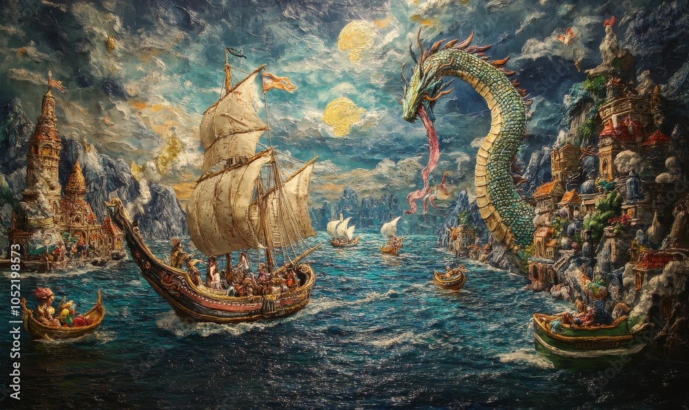 Naklejka premium Ships, dragon, and town on water.