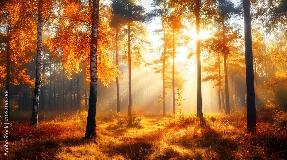 Fototapeta premium Scenic autumn landscape with golden light shining through the trees