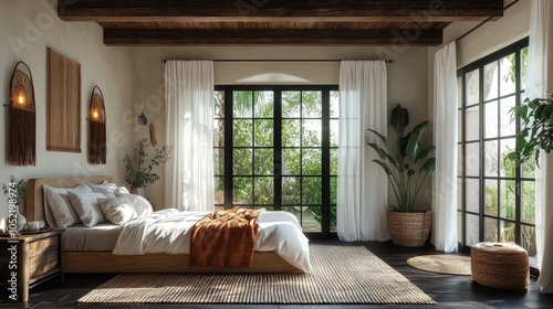 A rustic-inspired bedroom with wooden accents, large windows inviting sunlight, and a cozy bed for a tranquil sleeping environment. photo