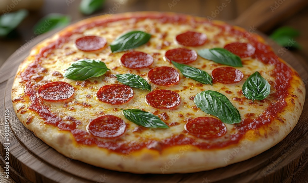 3D pizza with a bubbling cheese crust, topped with pepperoni and fresh basil, hot and savory 3D pizza with a bubbling cheese crust, topped with pepperoni and fresh basil, hot and savory