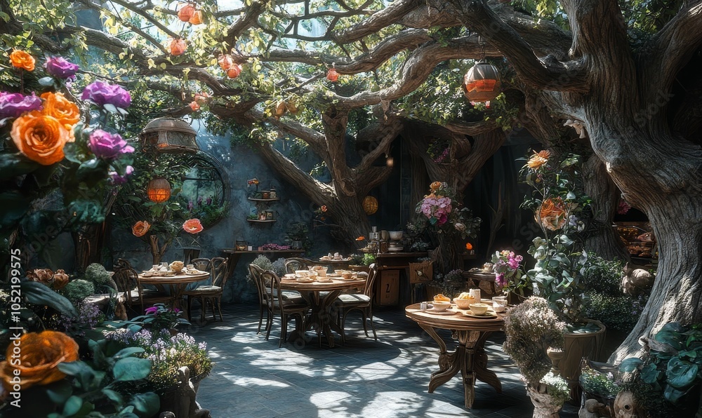 Fototapeta premium Enchanted forest cafe with tables and chairs.