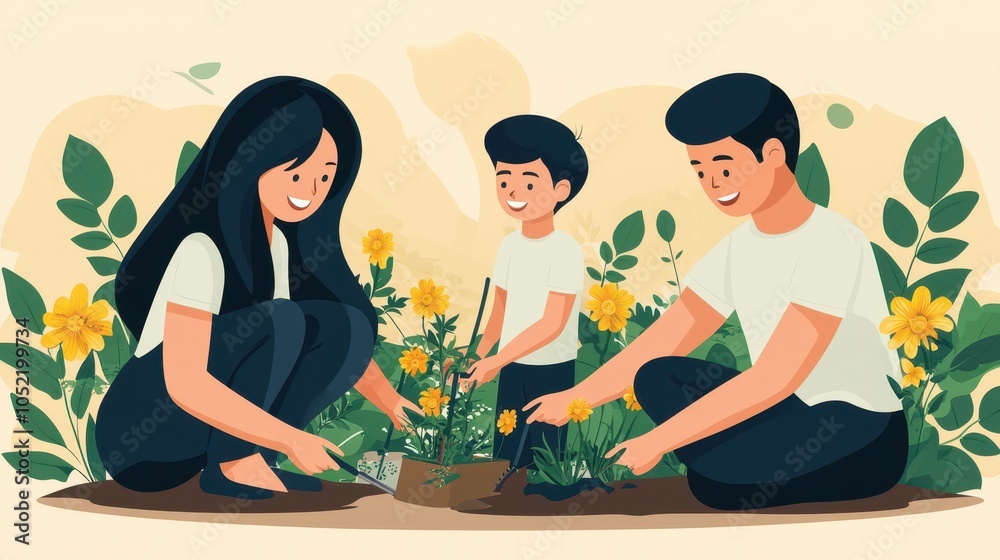 A cheerful family plants flowers together in a garden, showcasing teamwork, joy, and a love for nature.