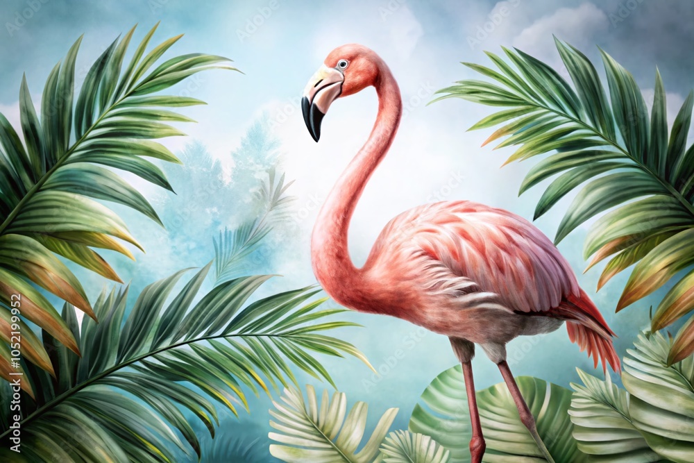 Fototapeta premium Watercolor Flamingo Art with Palm Leaves - Tropical Aesthetic and Vibrant Colors for Home Decor