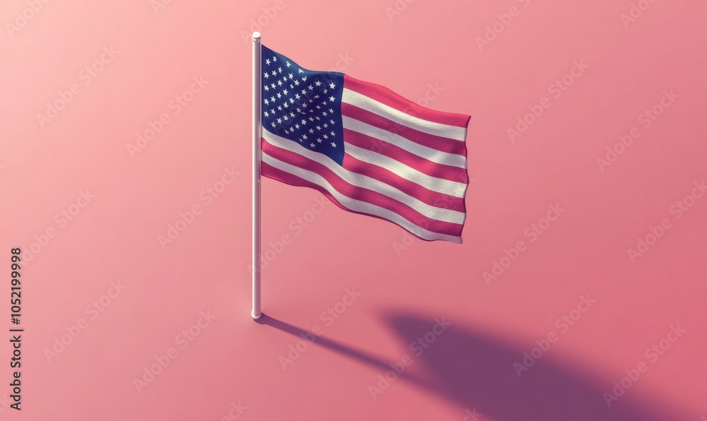 Fototapeta premium Isometric USA flag standing on a flagpole, with crisp, clear lines and vibrant colors, isolated and detailed