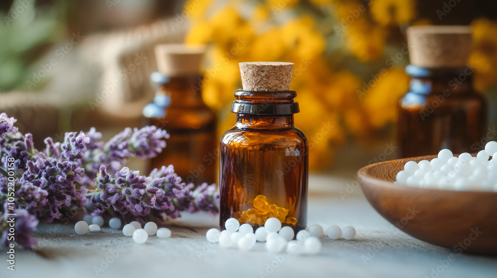 Homeopathy, pharmacy concept. Transparent jar with white pills Homeopathy, pharmacy concept. Transparent jar with white pills