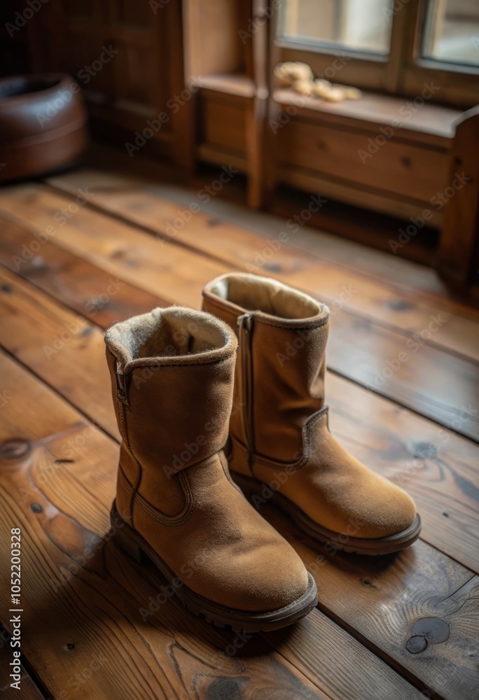 Cozy brown uggs on wooden floor in a warm and inviting interior setting Cozy brown uggs on wooden floor in a warm and inviting interior setting