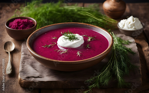 Lithuanian šaltibarščiai, cold beet soup, sour cream, fresh dill photo