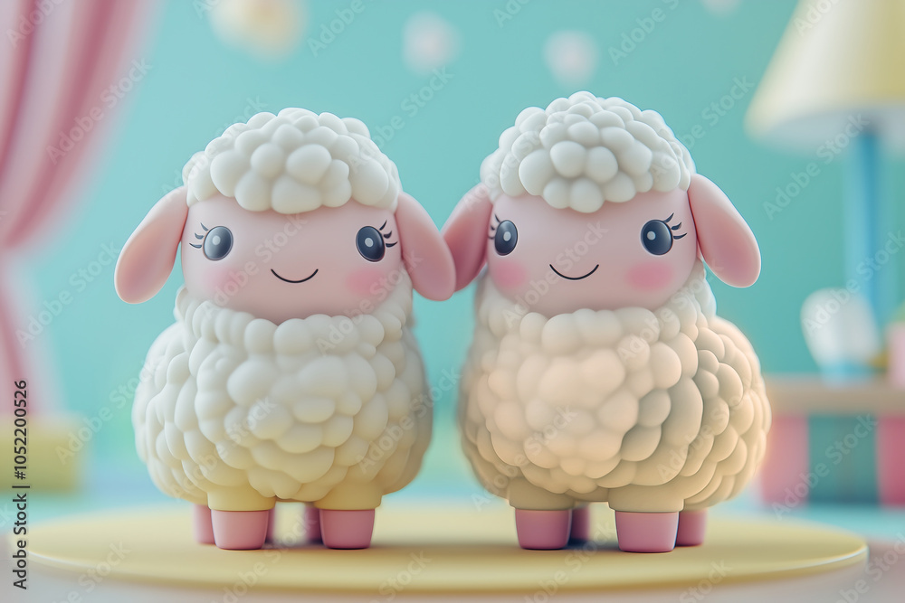 Obraz premium 3D lamb or sheep toys on the farm, cartoon pet characters, kids toys background, concept for children's products