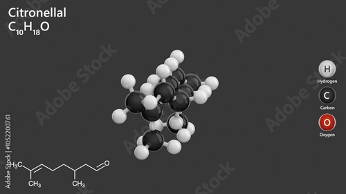 Citronellal. Essential oil. Lemon scent. Animated 3D model of a molecule. Molecular formula: C10H18O. Chemical model: Ball and stick. Gray background. 3D rendering. Seamless loop. photo