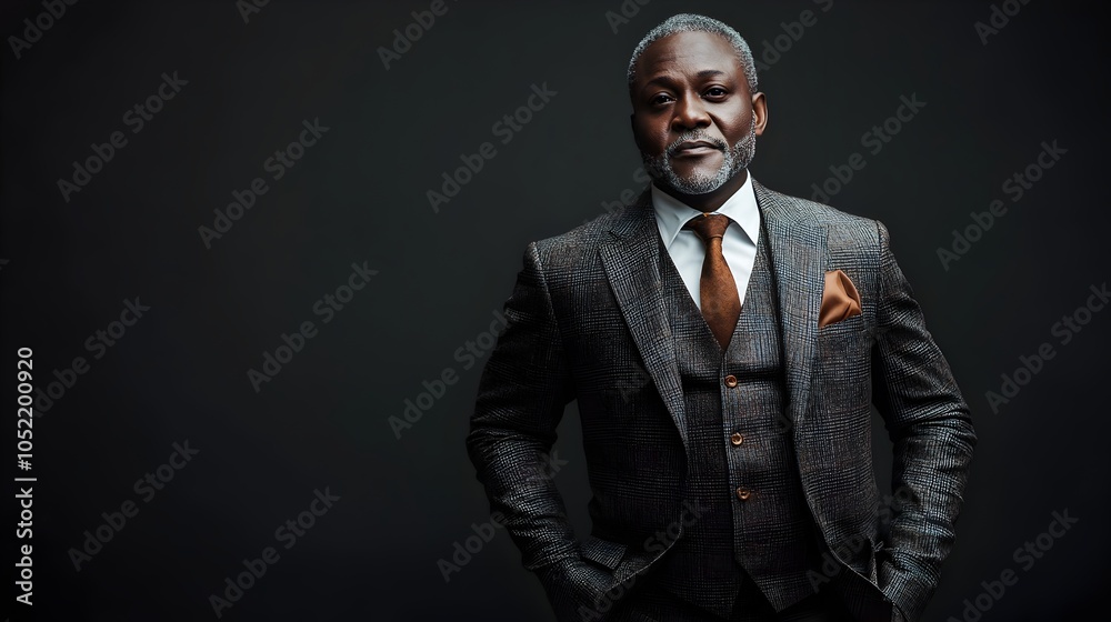 Obraz premium A full body shot of a mature distinguished Ghanaian gentleman dressed in a sophisticated three piece suit with a somber authoritative expression