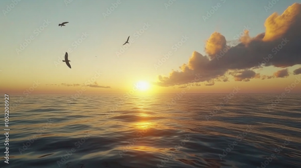 Beautiful sunset over a calm ocean with seagulls flying in the sky. Peaceful seascape with birds in flight. Beautiful sunset over a calm ocean with seagulls flying in the sky. Peaceful seascape with birds in flight.