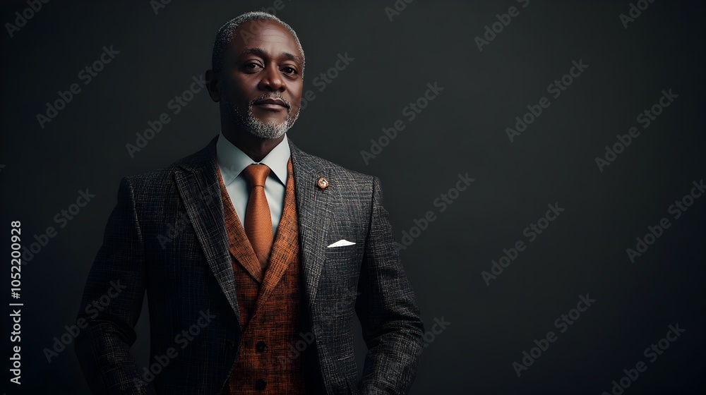 Mature distinguished looking Ghanaian gentleman dressed in a sophisticated three piece suit stands solemnly and contemplatively against a plain charcoal background Mature distinguished looking Ghanaian gentleman dressed in a sophisticated three piece suit stands solemnly and contemplatively against a plain charcoal background