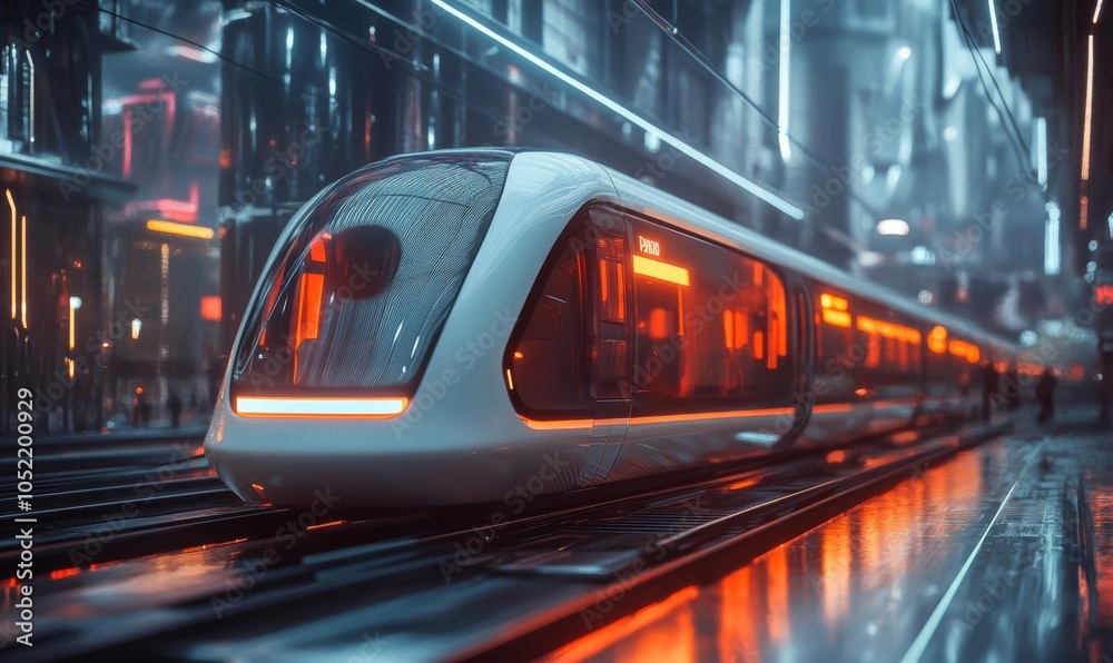 Fototapeta premium 3D electric train gliding through a futuristic cityscape, with elevated tracks and neon-lit buildings, modern and sleek