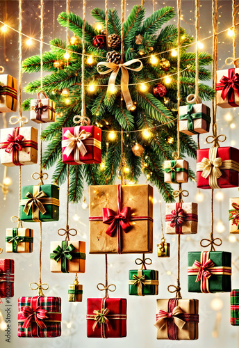 Festive Holiday Gift Boxes Hanging on Evergreen with Twinkling Lights. Winter Christmas, Advent concept.