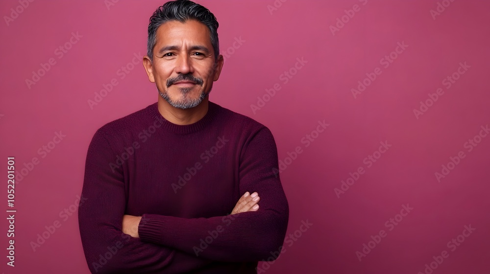 Obraz premium Middle aged Mexican man wearing a burgundy sweater and dark denim jeans posing confidently with a serious expression in a plain studio setting with a dusty rose background