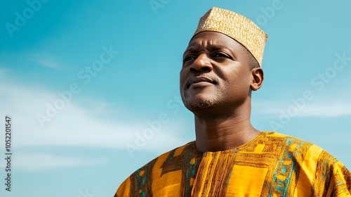 Thoughtful middle aged Nigerian man dressed in a traditional agbada robe standing against a plain blue studio background with lighting and ample copy space above the subject photo