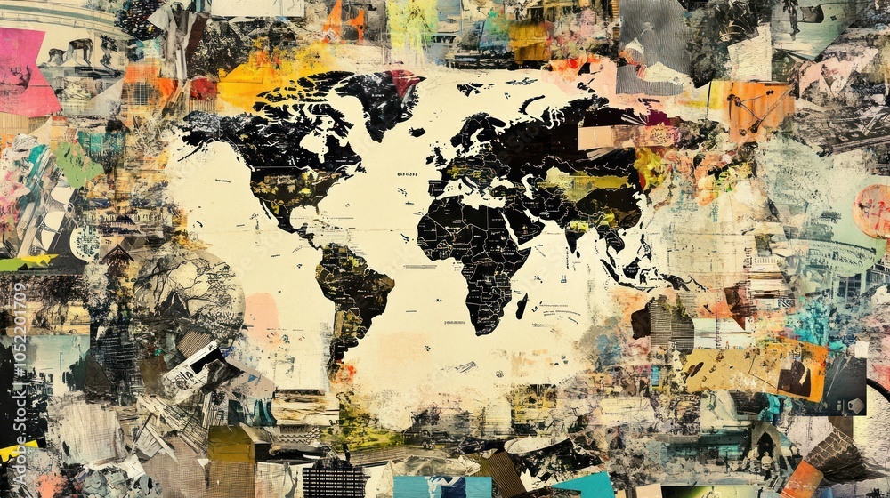 Naklejka premium A stylized world map surrounded by a collage of various textures and colors.