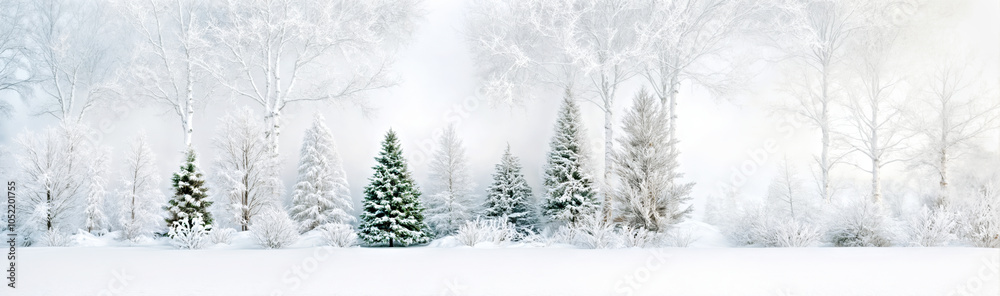 Serene Winter Wonderland with Snow-Covered Evergreen Trees and Frosty Atmosphere. Winter snowy banner Serene Winter Wonderland with Snow-Covered Evergreen Trees and Frosty Atmosphere. Winter snowy banner