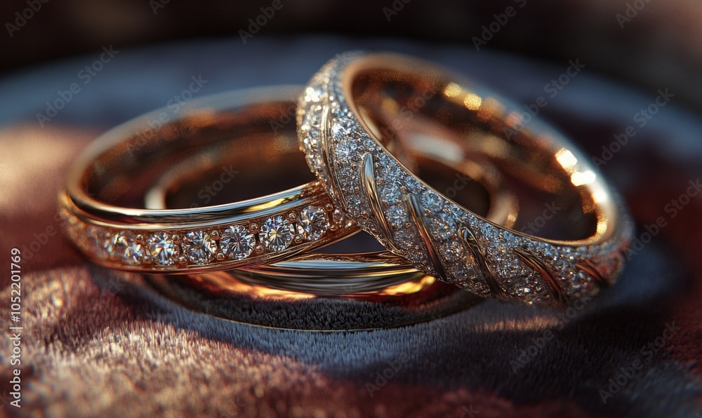3D wedding rings with intertwined gold bands and sparkling diamond settings, laid on a velvet cushion 3D wedding rings with intertwined gold bands and sparkling diamond settings, laid on a velvet cushion
