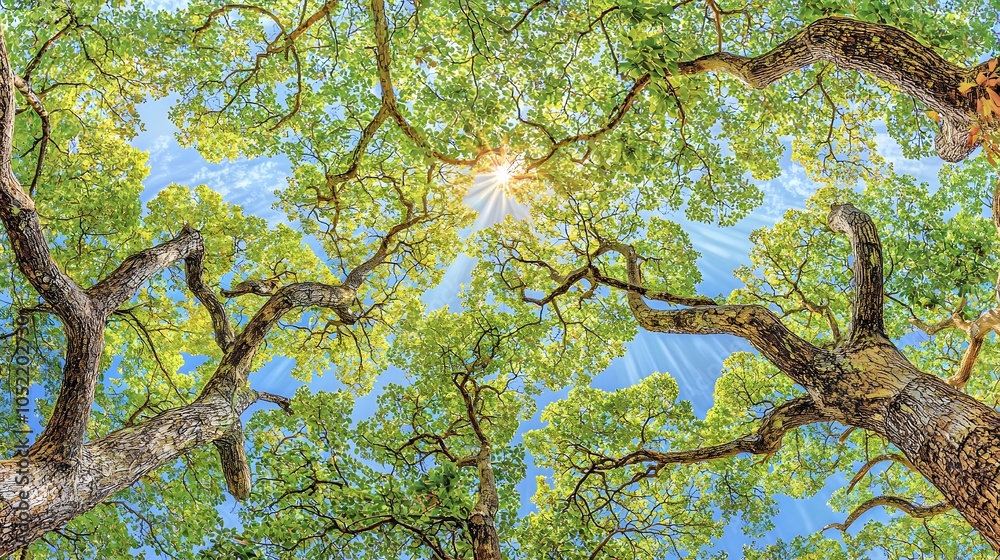 Fototapeta premium Sunset Canopy: The forest ceiling seems to catch fire as the sun sinks low. Rays filter through branches. Copy space scattered above.