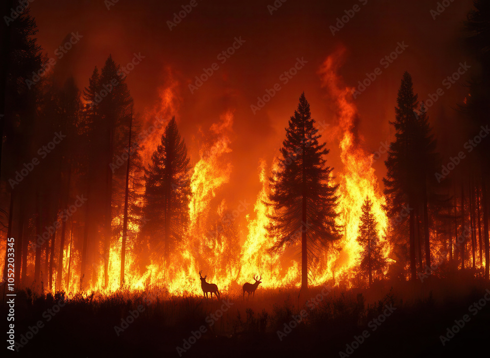 Wildlife fleeing from a burning forest, visualizing the catastrophic environmental impact of wildfires Wildlife fleeing from a burning forest, visualizing the catastrophic environmental impact of wildfires