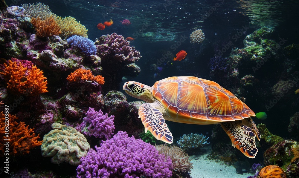 Fototapeta premium Sea turtle swims in colorful coral reef.