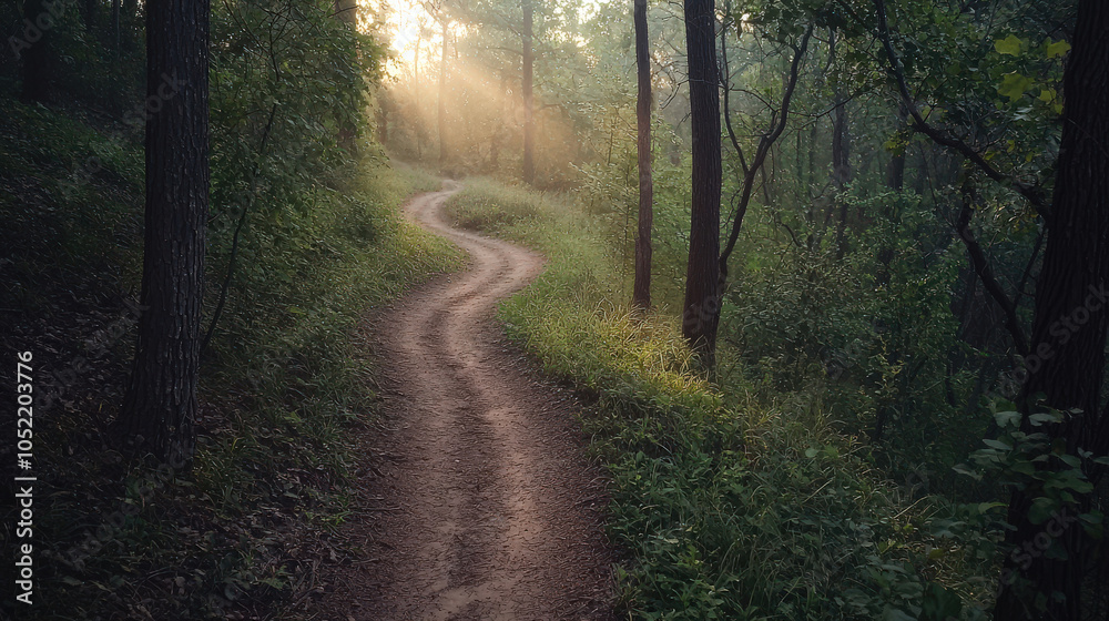 Fototapeta premium A winding dirt trail through a forest at dawn, with mist hanging low and sunlight filtering through trees. Subtle shoe imprints on the path emphasize running, creating a serene, people-free scene.