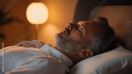 Content man in his forties, lying on his side with a gentle expression, sleeping in a stylish bedroom, reflecting a sense of calm and restfulness. photo photo