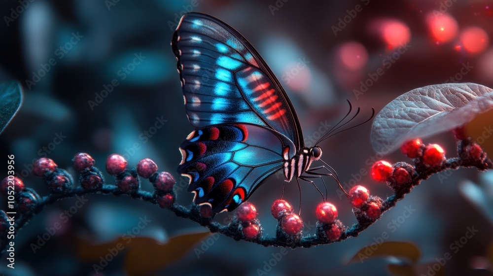 A vibrant blue butterfly gracefully rests on a shimmering berry-laden branch under soft evening light in a lush garden A vibrant blue butterfly gracefully rests on a shimmering berry-laden branch under soft evening light in a lush garden