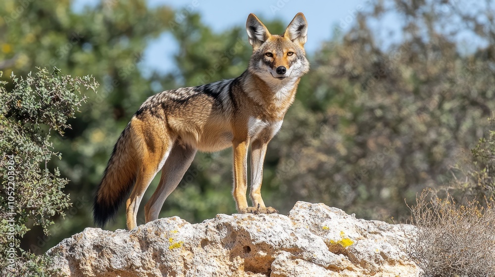 A golden jackal stands alert on a rocky outcropping in a sun-drenched landscape. A golden jackal stands alert on a rocky outcropping in a sun-drenched landscape.