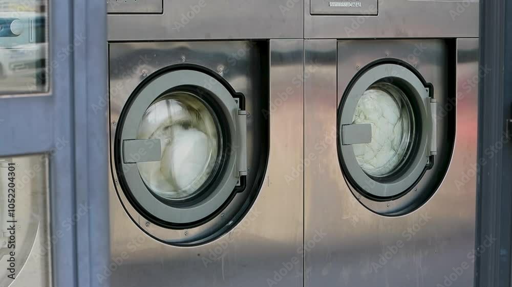 Machines à laver – Gros plan sur porte d'une machine à laver industrielle dans une laverie automatique publique avec une couette qui tourne dedans.