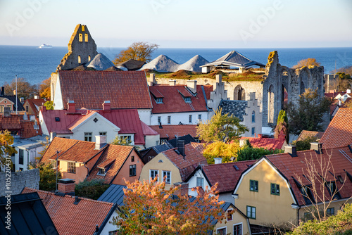 Rooftops and ruins of a medieval church and old houses, Visby, Sweden