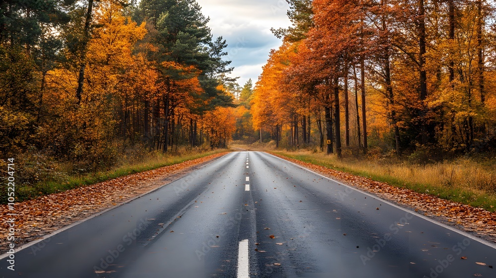 Fototapeta premium Scenic drive through a countryside with trees in full autumn colors