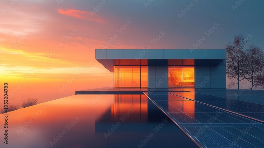 Fototapeta premium innovative photovoltaic solar panels elegantly integrated into a modern house roof, reflecting sunlight in a sleek design, illustrating sustainability and eco-friendly technology in an urban setting