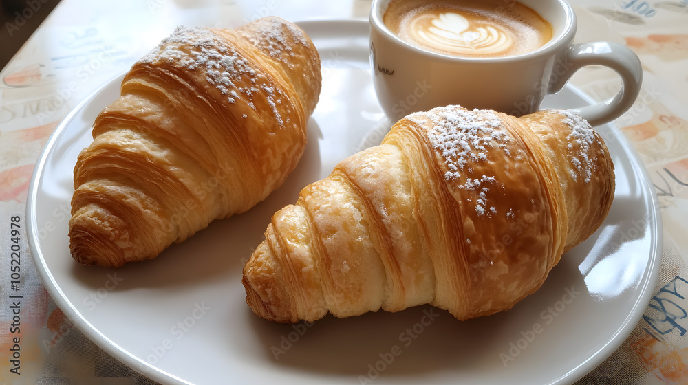 Two croissants with powdered sugar on top sit on a white plate next to a cup of Two croissants with powdered sugar on top sit on a white plate next to a cup of