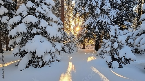 Winter Glow: The setting sun tints the snow golden, casting long shadows. The pines seem to hold warmth within. Copy space in the warmest patch.  photo