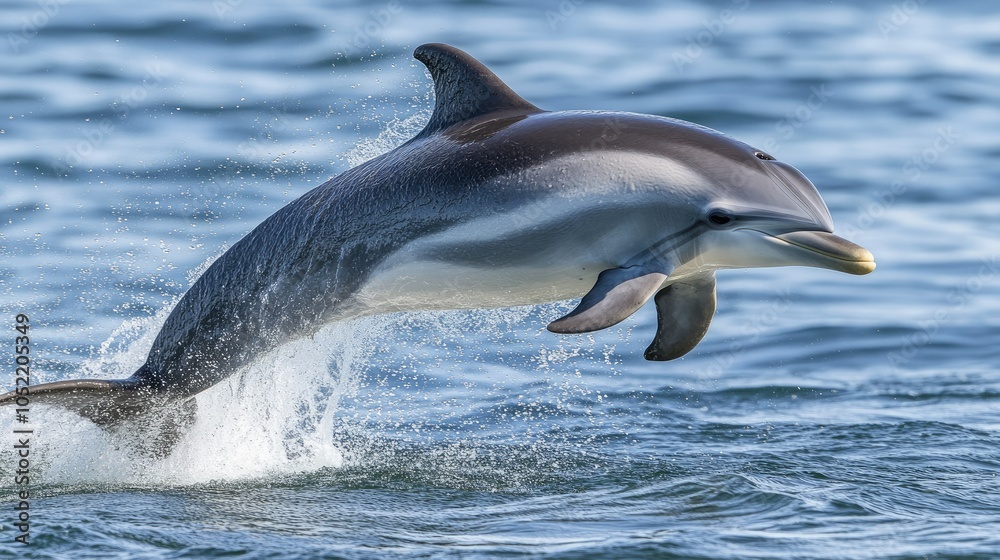 A playful dolphin leaping high above the water surface, with the ocean sparkling in the morning light A playful dolphin leaping high above the water surface, with the ocean sparkling in the morning light