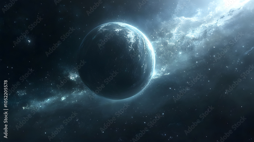 Fototapeta premium A planet is floating in space with a blue sky